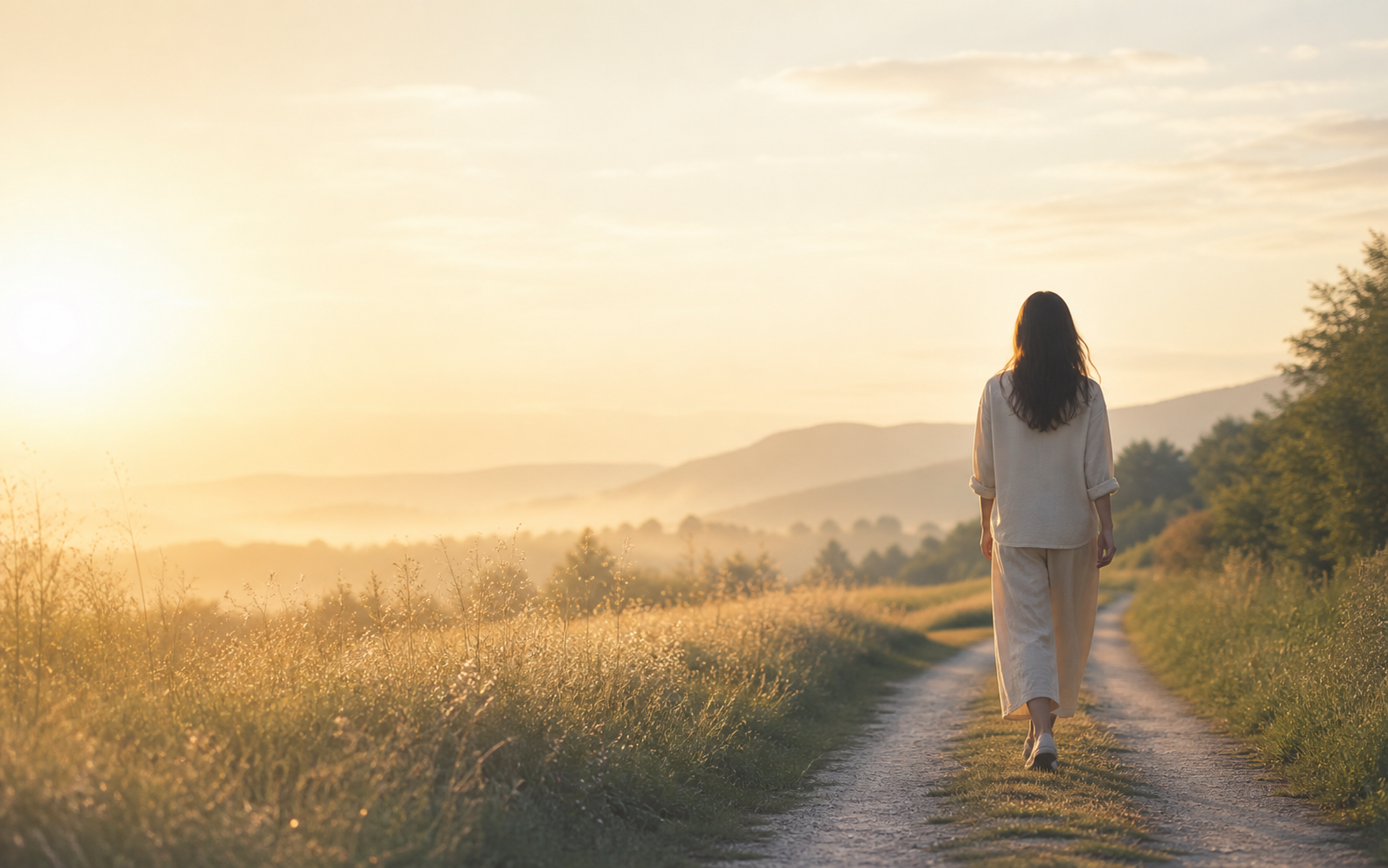 Woman walking on a quiet golden morning path